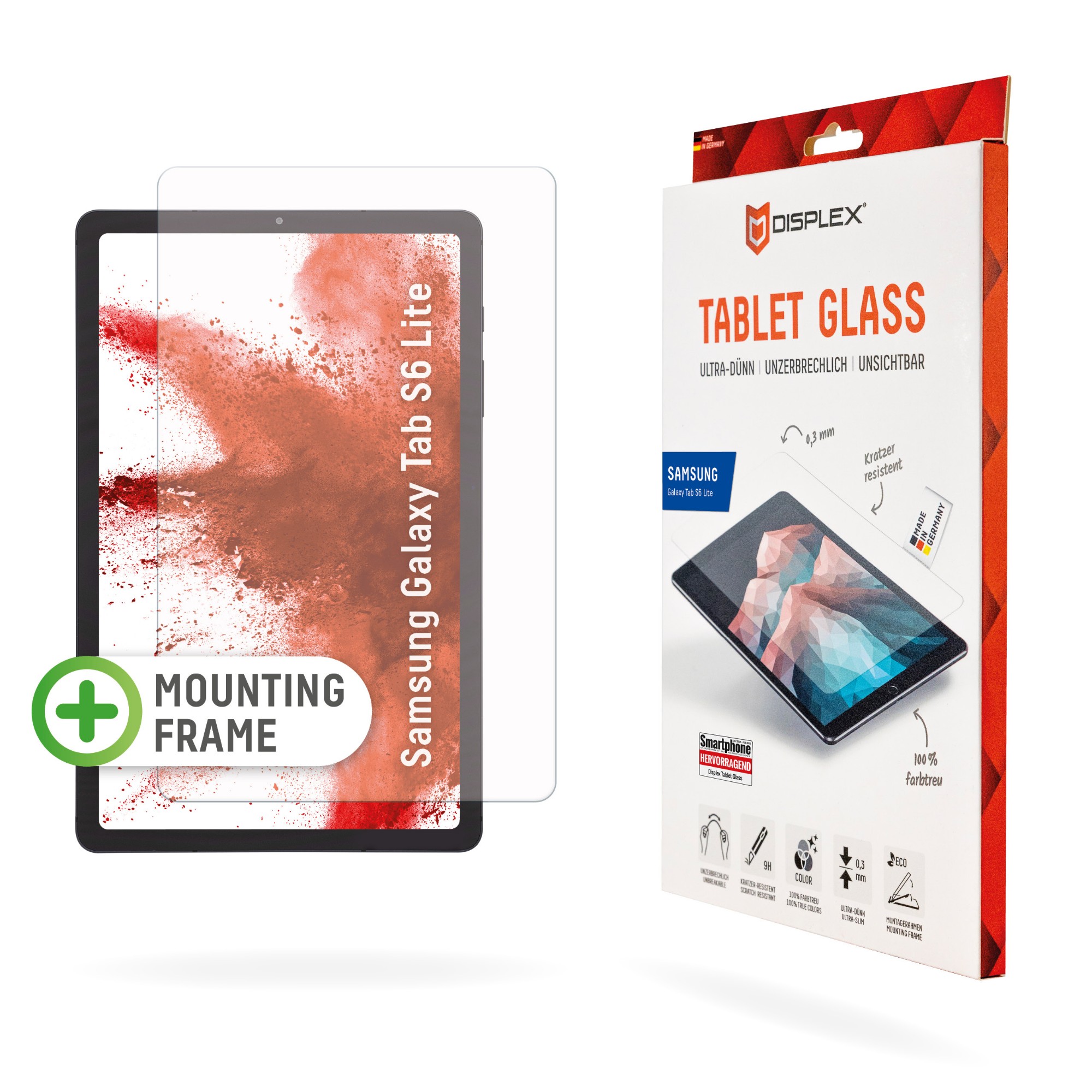 Displex Tablet Glass (9H) for Samsung Galaxy Tab S6 Lite, Eco Mounting Frame, unbreakable, ultra-slim, invisible