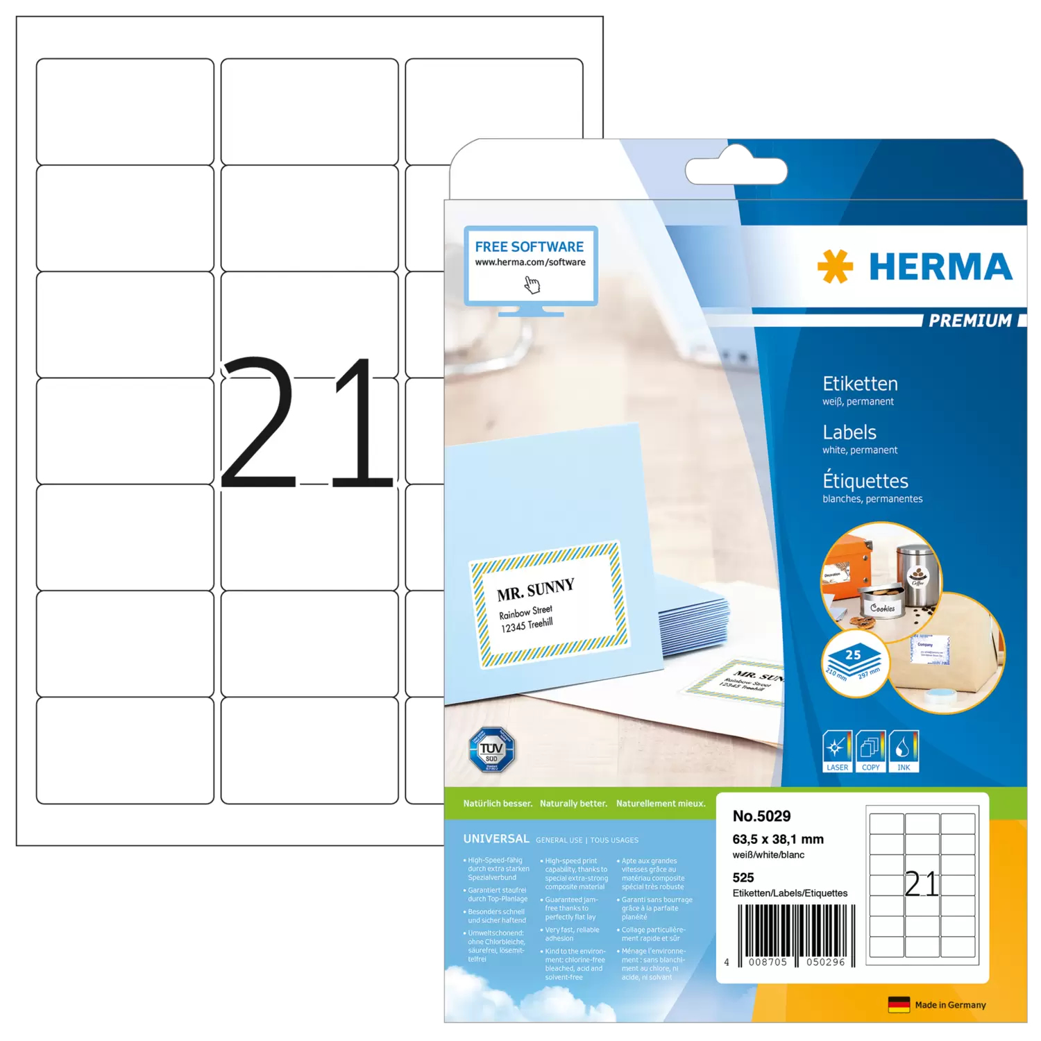 Image of HERMA Address labels Premium A4 63.5x38.1 mm white paper matt 525 pcs.