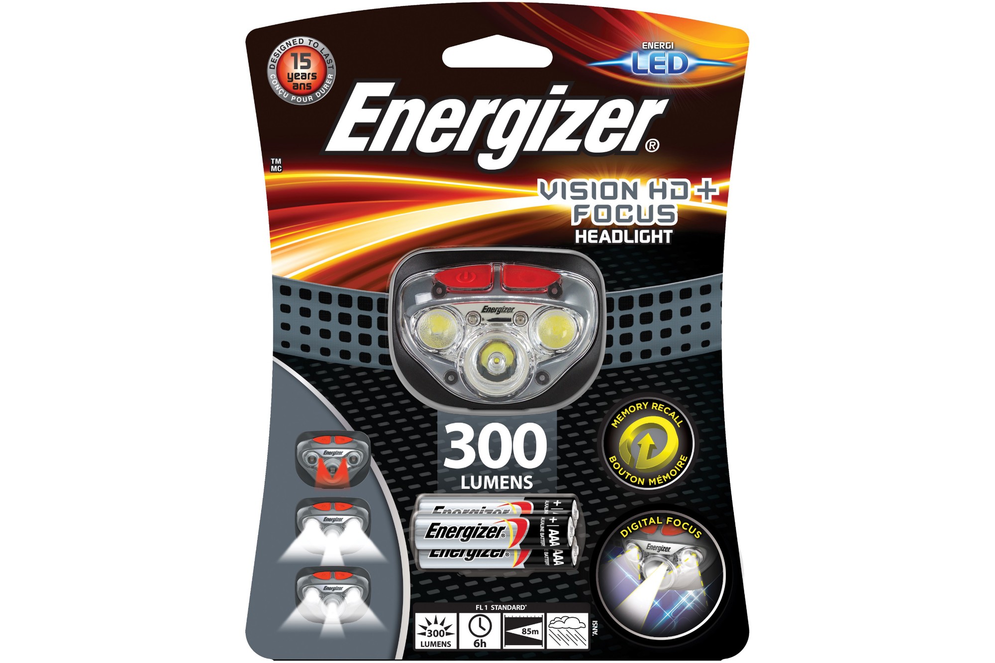 E300845800 ENERGIZER Vision HD+ Focus LED Head Torch with 3x AAA Batteries