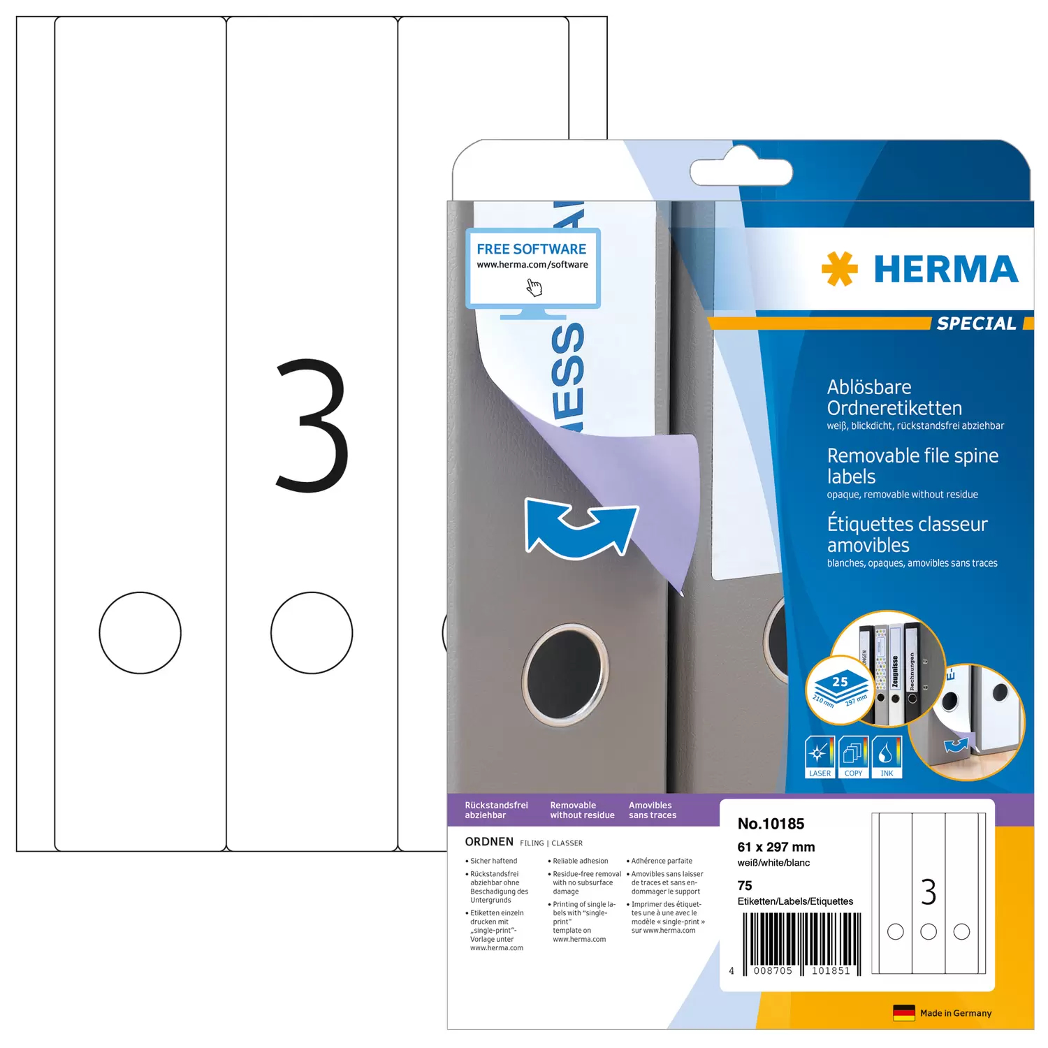 Image of HERMA Removable file labels A4 61x297 mm white Movables/removable...