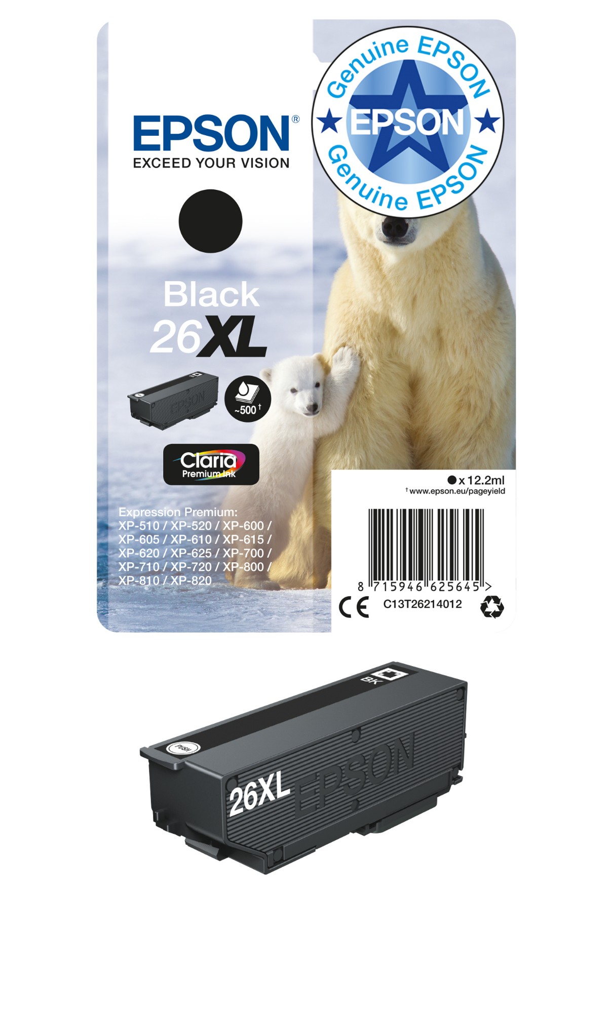 Epson C13T26214012/26XL Ink cartridge black high-capacity XL, 500 pages 12.2ml for Epson XP 600