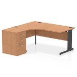 Dynamic Impulse W1600 x D1200 x H730mm Left Hand Crescent Desk Cable Managed Leg With D600mm Desk High Pedestal Oak Finish Black Frame - I004473 DD