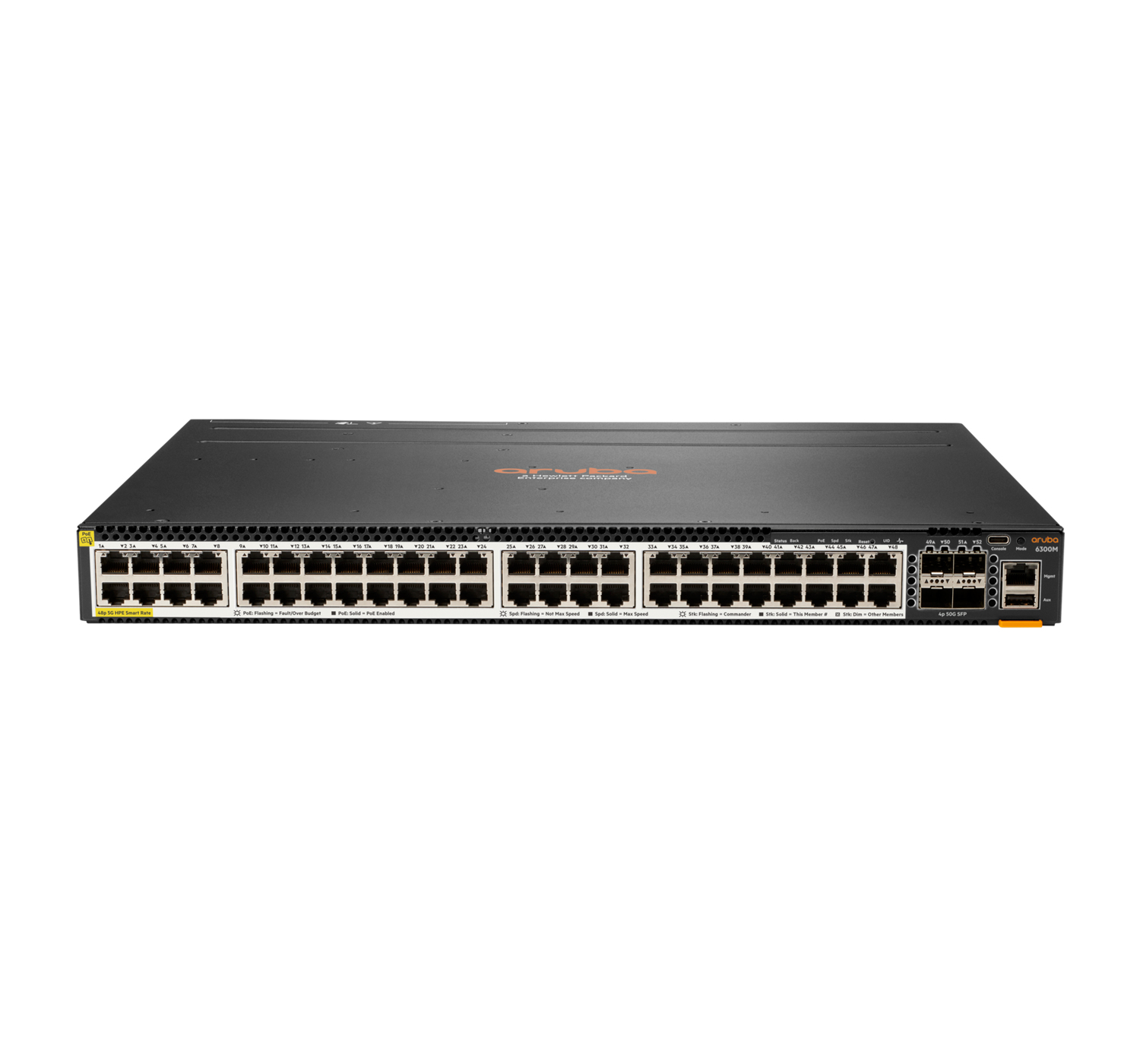 JL659A HP E - Aruba 6300M - Switch - L3 - managed - 48 x 100/1000/2.5G/5G (PoE+) + 4 x 1 Gigabit / 10 Gigabit / 25 Gigabit / 50 Gigabit SFP56 (Uplink / Stacking) Front und Seite zu Hinterseite an Rack montierbar PoE+ (2880 W)