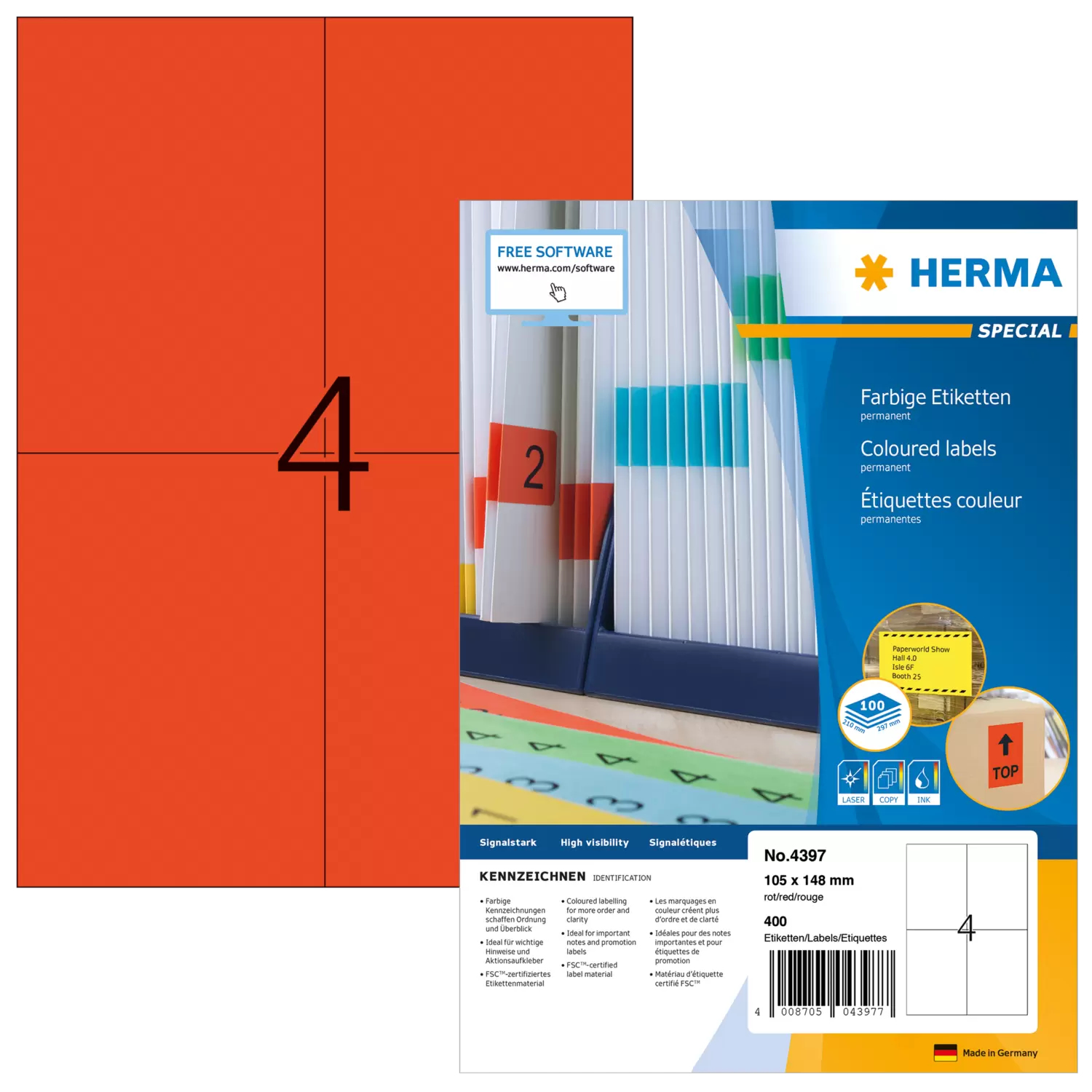 Image of HERMA Coloured Labels A4 105x148 mm red paper matt 400 pcs.