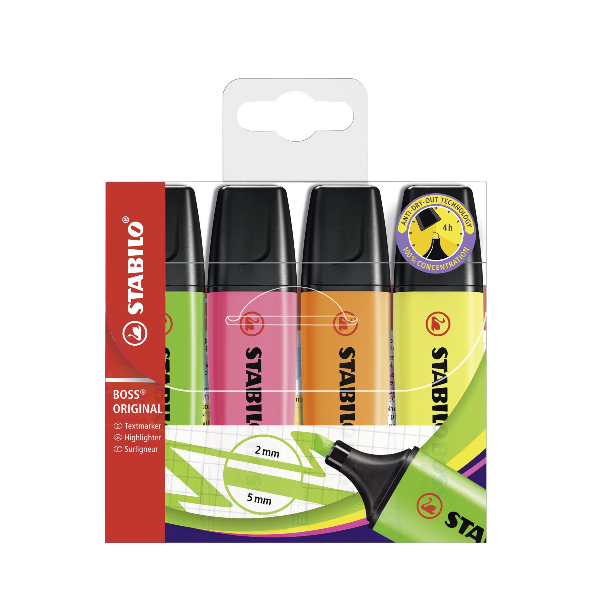 Stabilo Yellow/Green/Orange Boss Original Marker 4 Pc(S) Chisel Tip Multi
