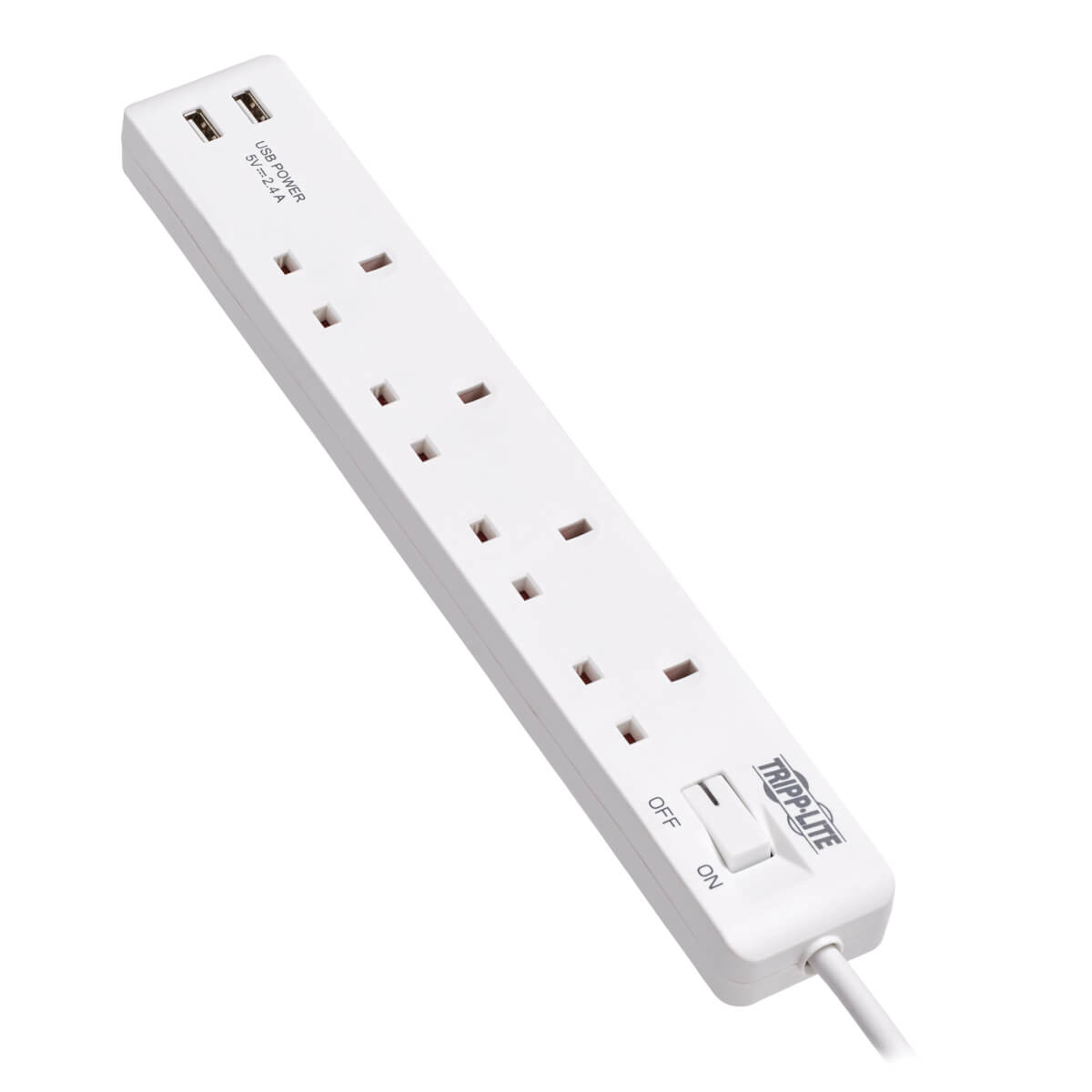 Tripp Lite 4-Outlet Power Strip with USB-A Charging - BS1363A Outlets, 220-250V, 13A, 1.8 m Cord, BS1363A Plug, White