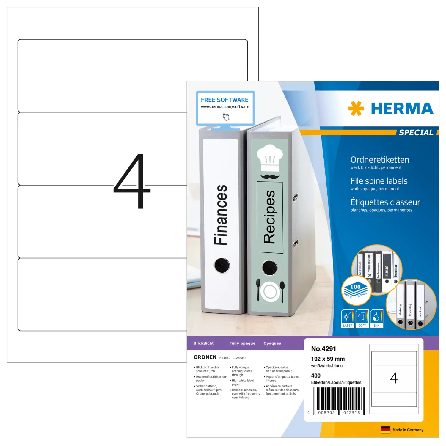 Image of HERMA File labels A4 192x59 mm white paper matt opaque 400 pcs.