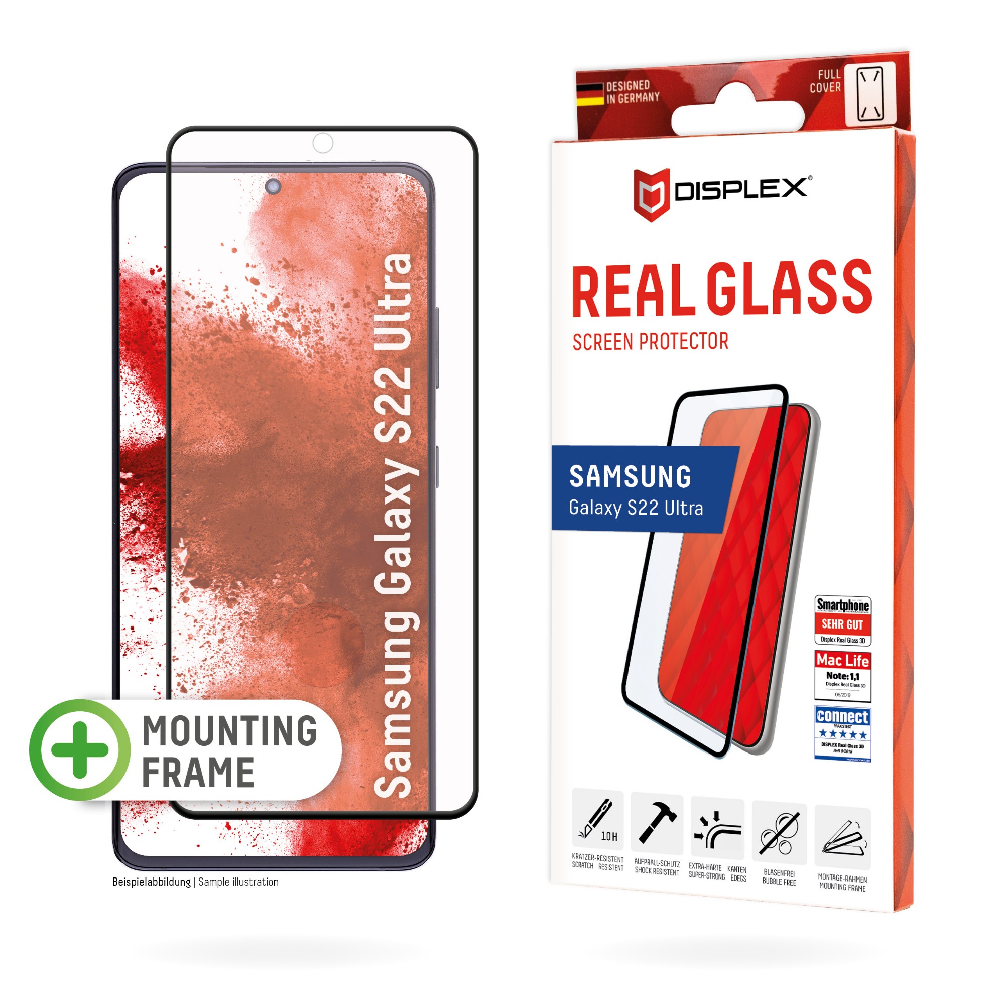 Displex Full Cover Screen Protector (10H) for Samsung Galaxy S22 Ultra, Eco Mounting Frame, full screen coverage, Tempered Glass, scratch resistant protective film, case friendly