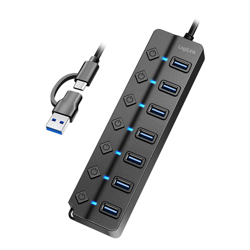LogiLink USB 3.2 Gen 1 Hub, 7-port, w/ switch for each port, black