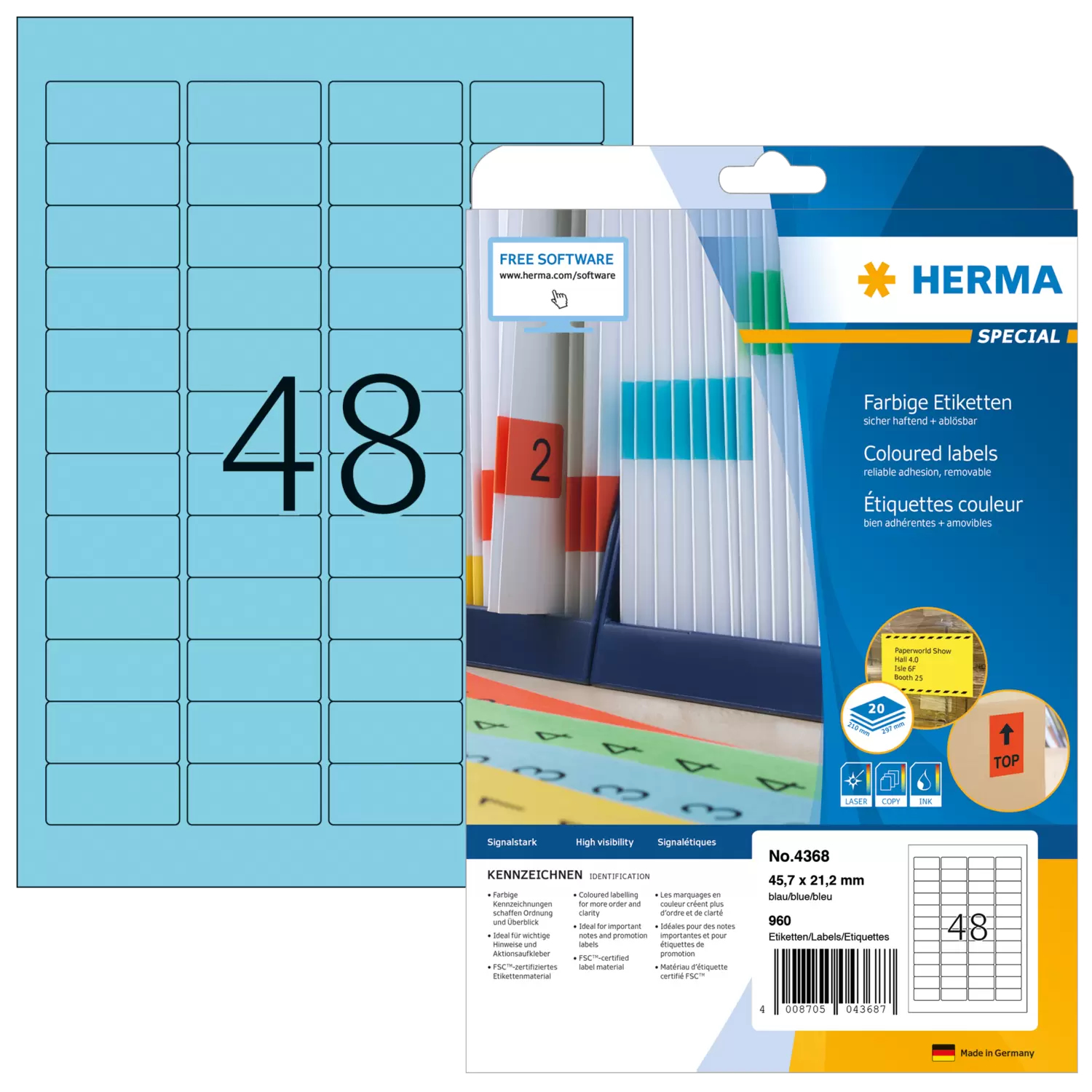 Image of HERMA Coloured Labels A4 45.7x21.2 mm blue paper matt 960 pcs.