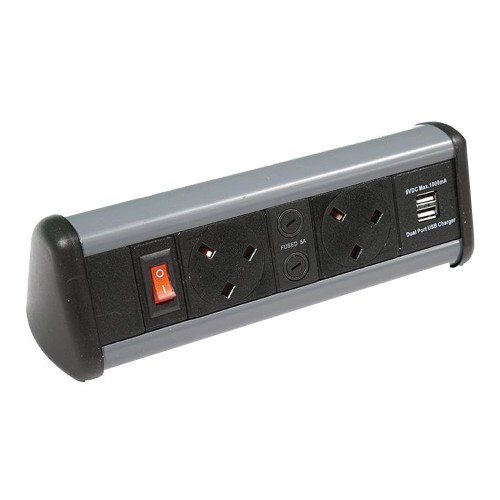 Videk Desk Top Power 2 x UK 5A ind Fused with Master Switch 2 x 3.4A USB