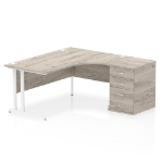 Dynamic Impulse W1600 x D1200 x H730mm Right Hand Crescent Desk Cantilever Leg With D600mm Desk High Pedestal Grey Oak Finish White Frame - I004098 DD
