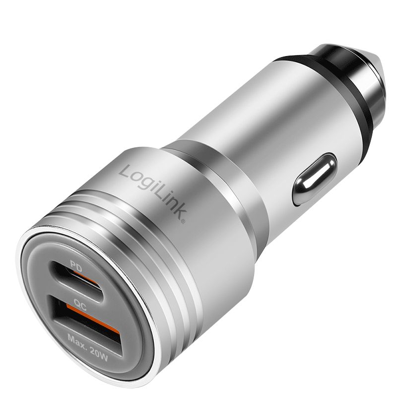 LogiLink USB Car Charger, 2 Port, 20W fast charging, silver
