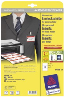 Avery L4728-20 identity badge/badge holder Paper 160 pc(s)