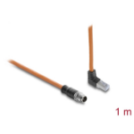 DeLOCK M12 Cable X-coded 8 pin male straight to RJ45 plug angled upwards S/FTP shielded 1 m orange