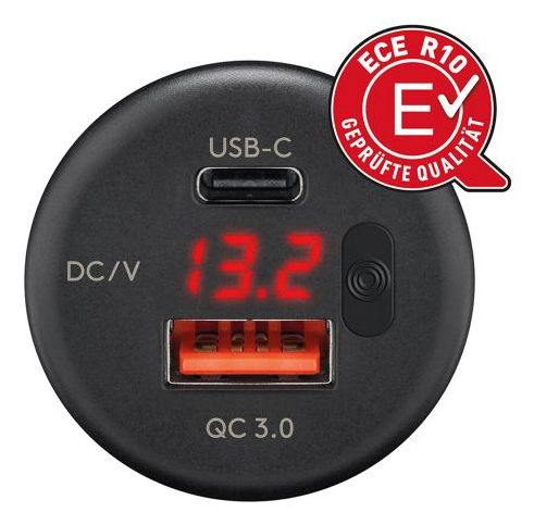 EU Product - Dual USB Panel Install Charger with bare wires, LED display, cable length 200 mm - USB-A / USB-C