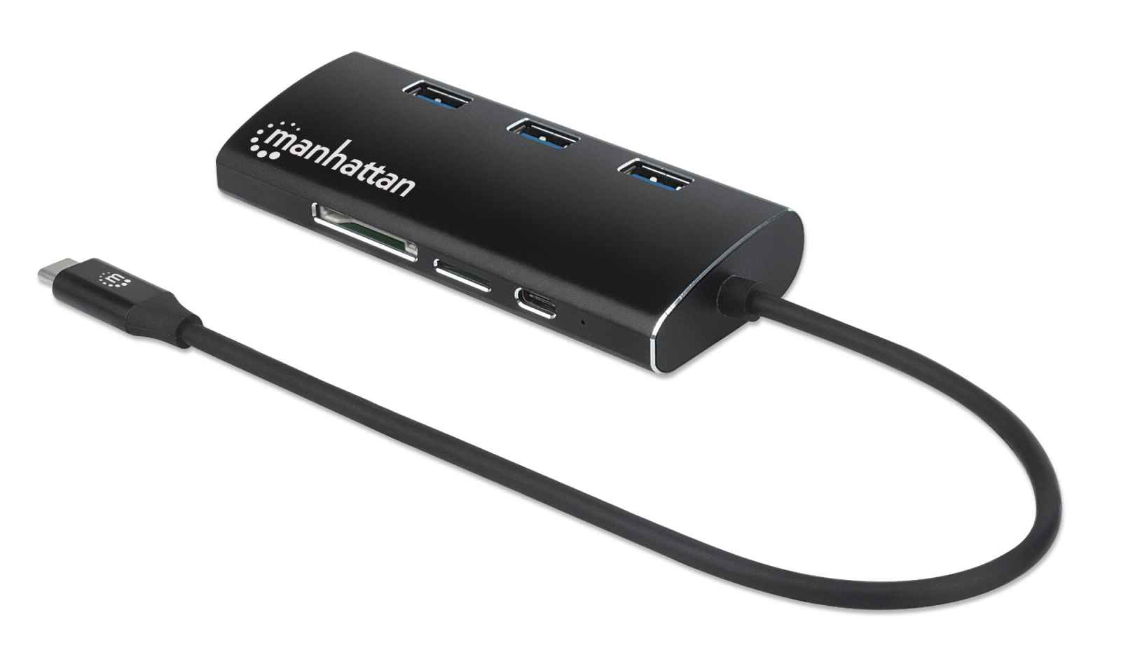 Manhattan USB-C Hub/Dock/Converter, USB-C to USB-C (including Power Delivery), HDMI 4K, 3x USB-A and Gigabit RJ45 Ports with Card Reader, Male to Females, 5 Gbps (USB 3.2 Gen1 aka USB 3.0), HDMI 4K@30Hz, 1x Ethernet 10/100/1000 Mbps network, SD/Micro SD,