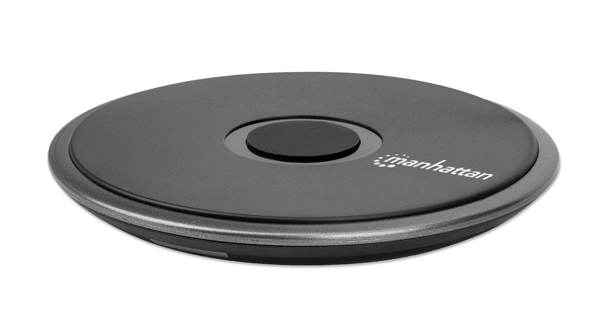 Manhattan Smartphone Wireless Charging Pad, QI certified, 10W, 7.5W and 5W charging, USB-C to USB-A cable included, USB-C input into pad, Cable 1.5m, Black, Boxed