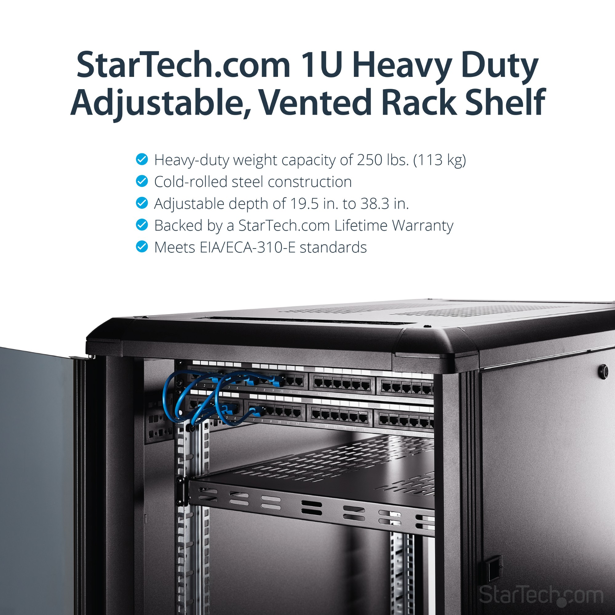 StarTech.com 1U Adjustable Mounting Depth Vented Rack Mount Shelf - Heavy Duty Fixed Rack Shelf - 250lbs / 113kg