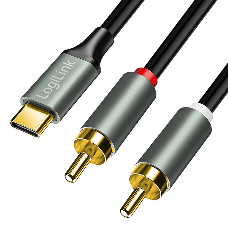 LogiLink USB 2.0 Type-C cable, C/M to 2x RCA/M, stereo audio, alu, black/silver, 2 m